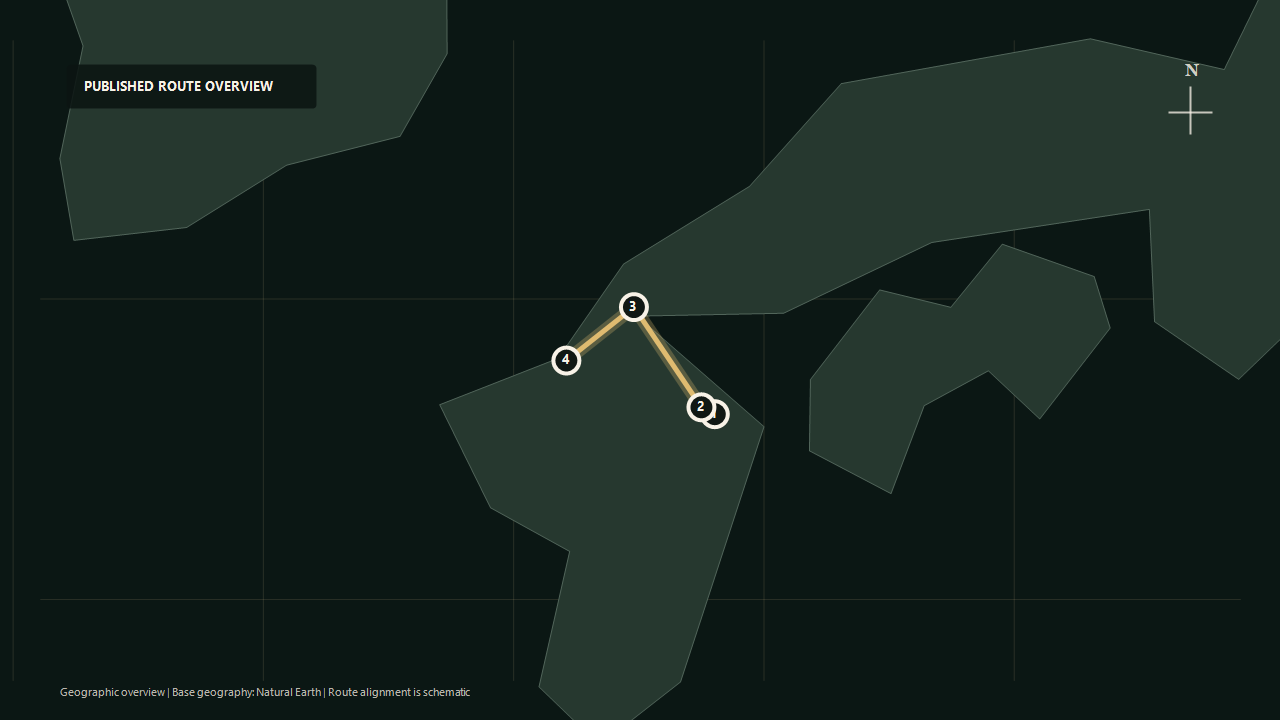 Schematic geographic route overview for 36+3: Oita to Beppu to Mojiko to Hakata