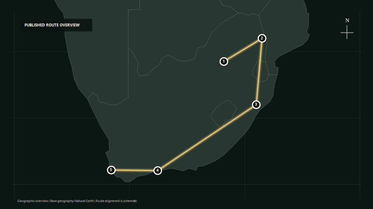 Geographic overview of the published African Collage route: Pretoria to Kruger region to KwaZulu-Natal to Garden Route to Cape Town