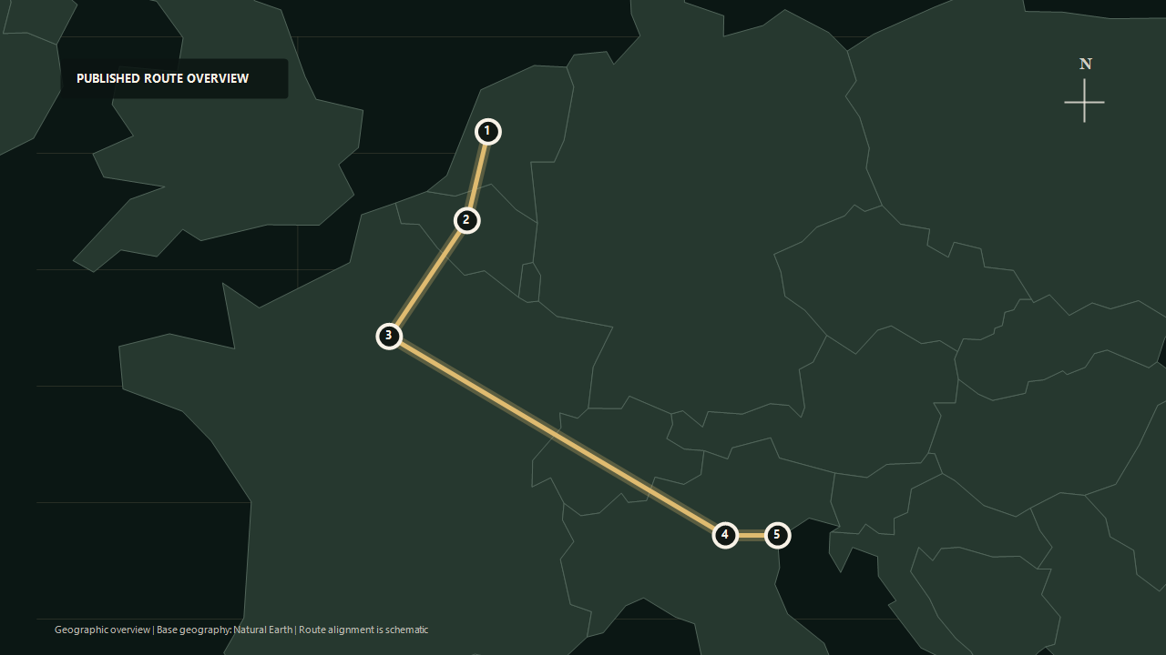 Geographic overview of the published Amsterdam to Venice route: Amsterdam to Brussels to Paris to Verona to Venice
