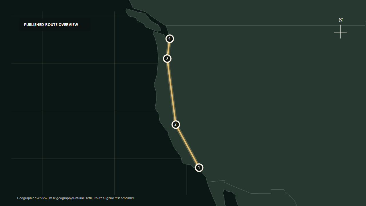 Geographic overview of the published Los Angeles to Seattle on the Coast Starlight route: Los Angeles to Sacramento to Portland to Seattle