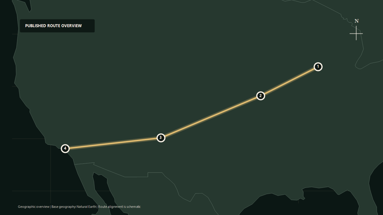Geographic overview of the published Chicago to Los Angeles on the Southwest Chief route: Chicago to Kansas City to Albuquerque to Los Angeles