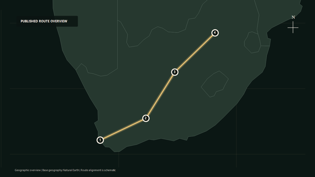 Geographic overview of the published Cape Town to Pretoria route: Cape Town to The Karoo to Kimberley to Pretoria