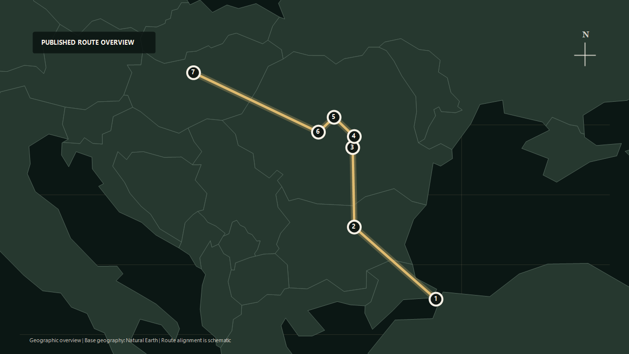 Geographic overview of the published Castles of Transylvania route: Istanbul to Veliko Tarnovo to Sinaia to Brașov to Sighișoara to Sibiu to Budapest