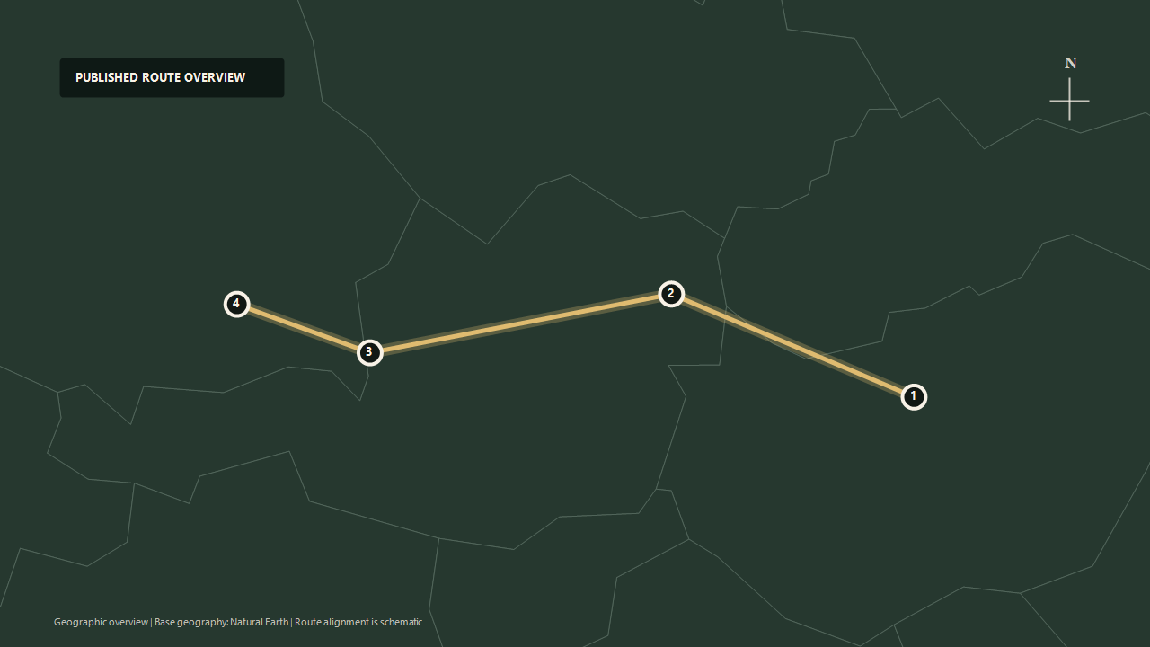 Geographic overview of the published Christmas Markets of Central Europe route: Budapest to Vienna to Salzburg to Munich