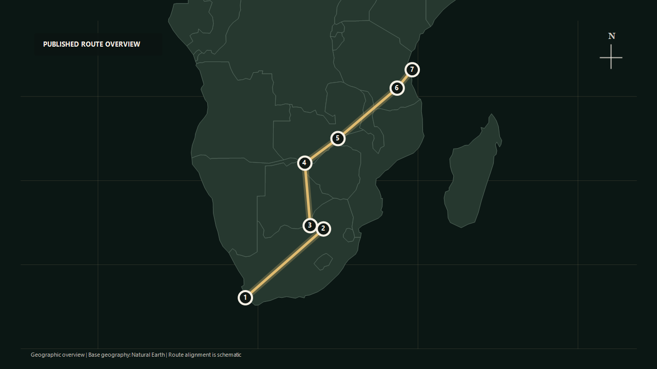 Geographic overview of the published Cape Town to Dar es Salaam route: Cape Town to Pretoria to Madikwe to Victoria Falls to Zambia to Nyerere to Dar es Salaam