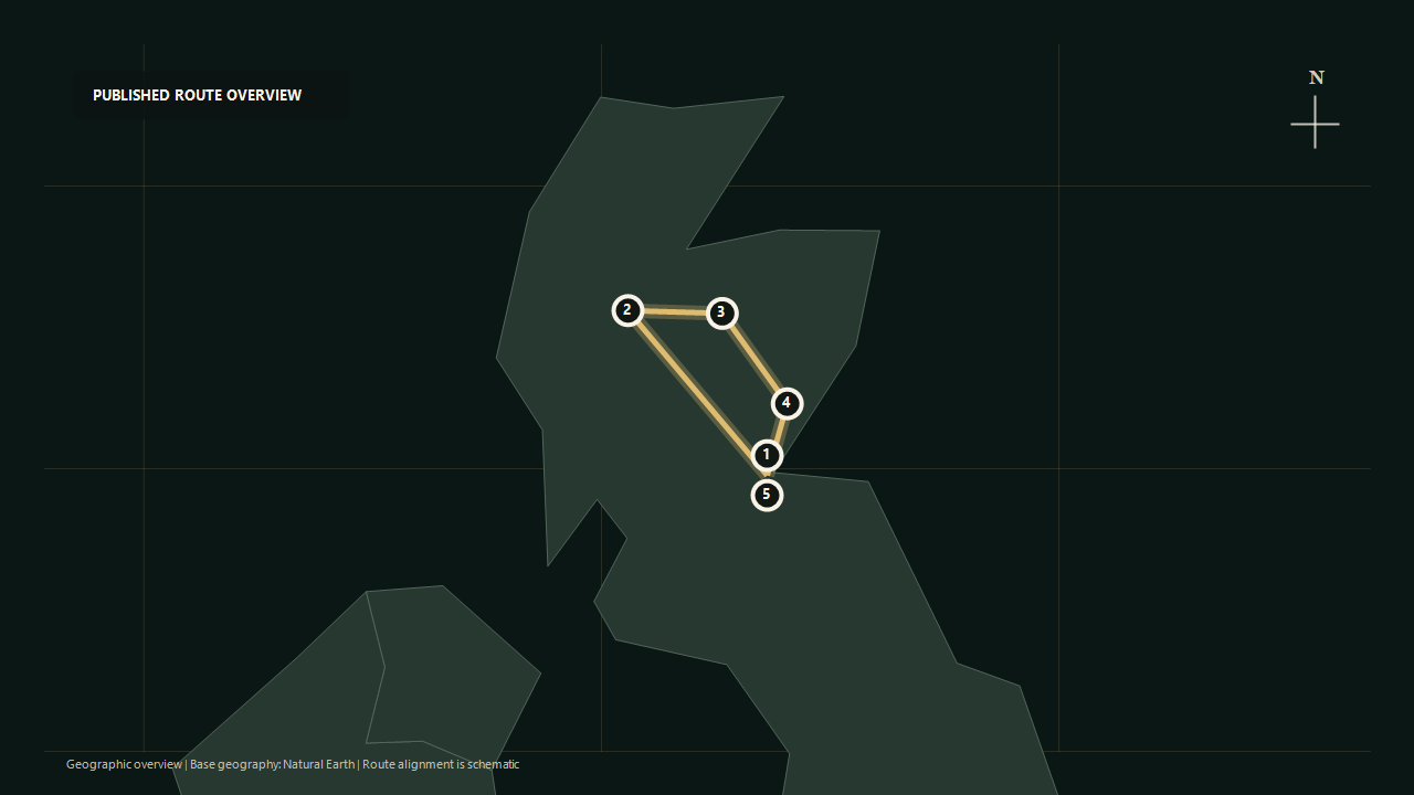 Geographic overview of the published Epicurean Highland Adventure route: Edinburgh to Highlands to Cairngorms to Dundee to Edinburgh