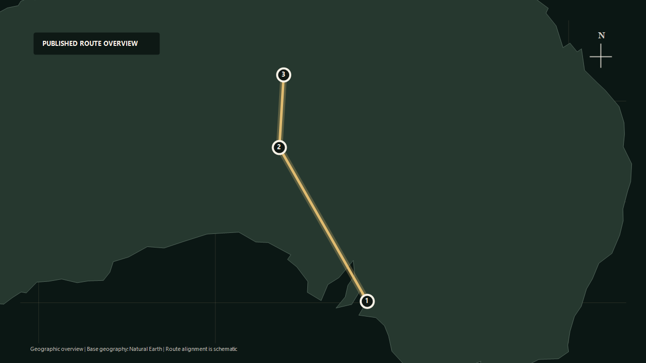 Geographic overview of the published The Ghan: Adelaide to Alice Springs route: Adelaide to Marla to Alice Springs