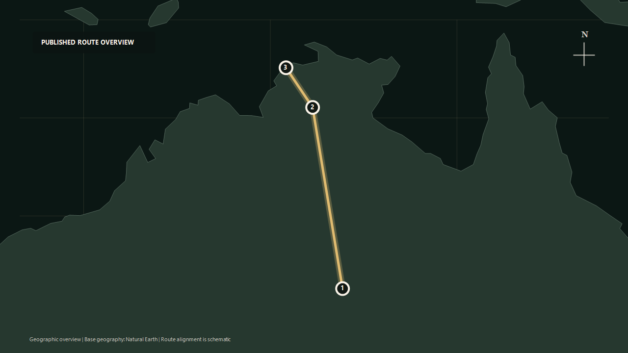Geographic overview of the published The Ghan: Alice Springs to Darwin route: Alice Springs to Katherine to Darwin