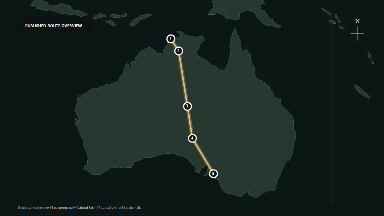 Geographic overview of the published The Ghan Expedition route: Darwin to Katherine to Alice Springs to Coober Pedy to Adelaide
