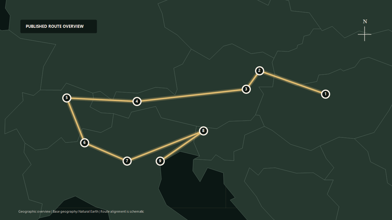 Geographic overview of the published Grand Alpine Express route: Budapest to Vienna to Semmering to Innsbruck to Zurich to Lake Como to Verona to Lake Bled to Venice