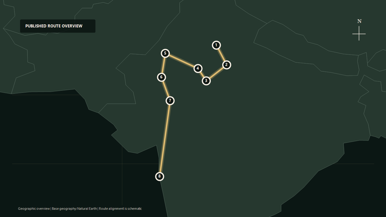 Geographic overview of the published The Indian Splendour route: Delhi to Agra to Ranthambore to Jaipur to Bikaner to Jodhpur to Udaipur to Mumbai