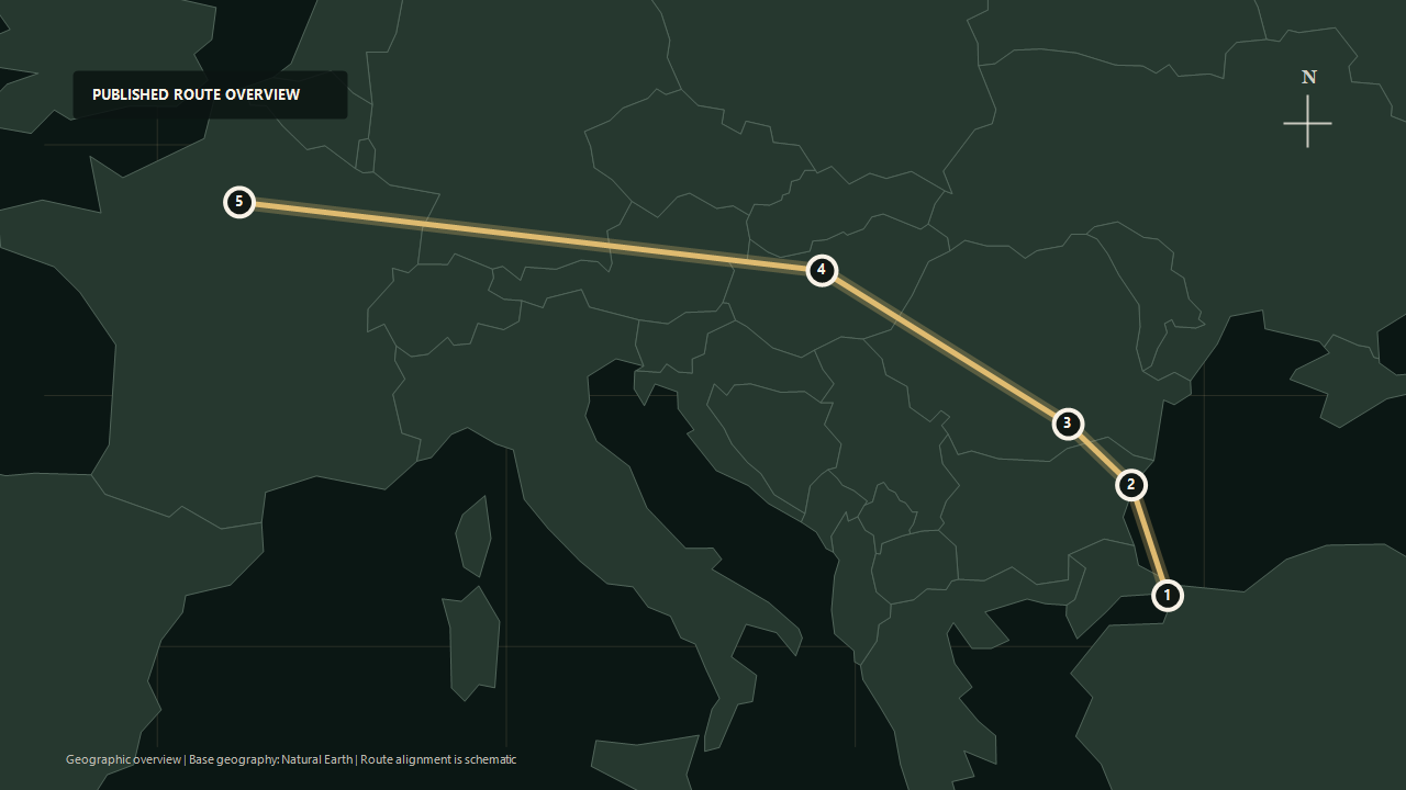 Geographic overview of the published Istanbul to Paris: The Historic Continental Journey route: Istanbul to Varna to Bucharest to Budapest to Paris