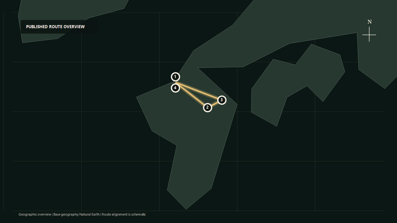 Geographic overview of the published Kuju Journey route: Hakata to Kuju Highlands to Oita to Hakata