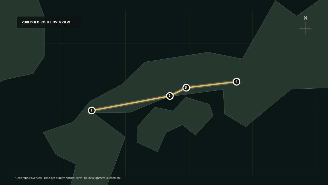 Geographic overview of the published Sanyo Course: Kyoto-bound route: Shimonoseki to Setouchi to Sanyo to Kyoto / Osaka