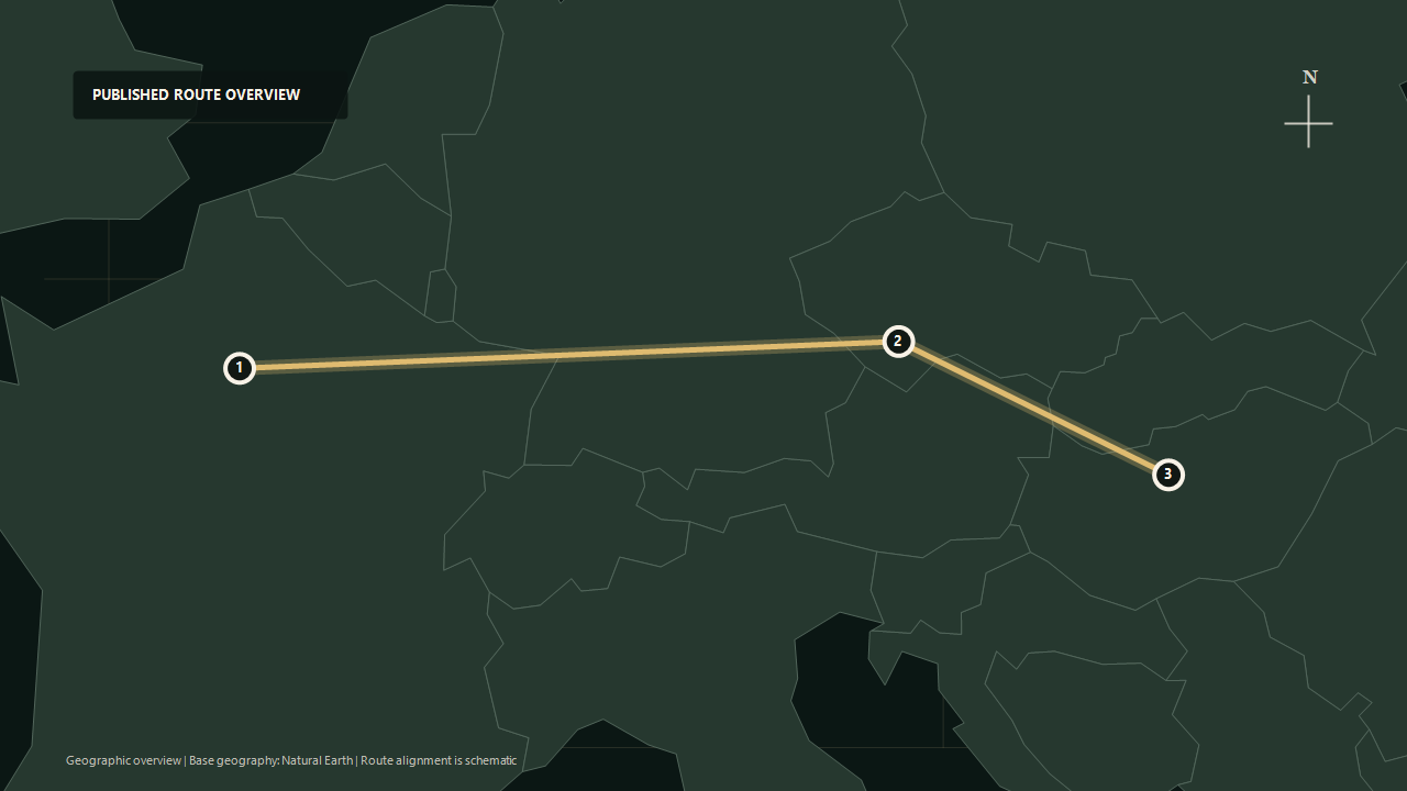 Geographic overview of the published Paris to Budapest route: Paris to Central Europe to Budapest