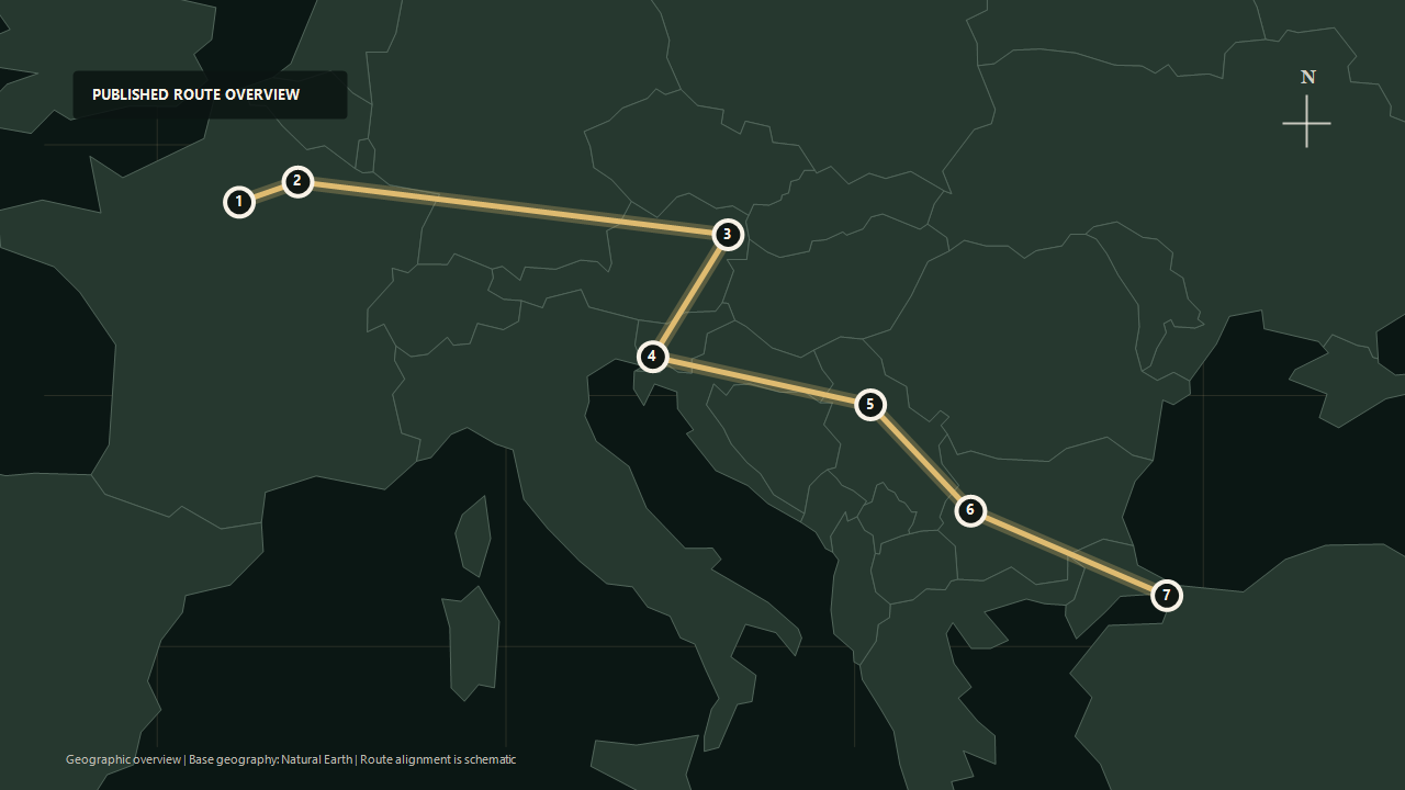 Geographic overview of the published Paris to Istanbul route: Paris to Champagne to Vienna to Postojna to Belgrade to Sofia to Istanbul