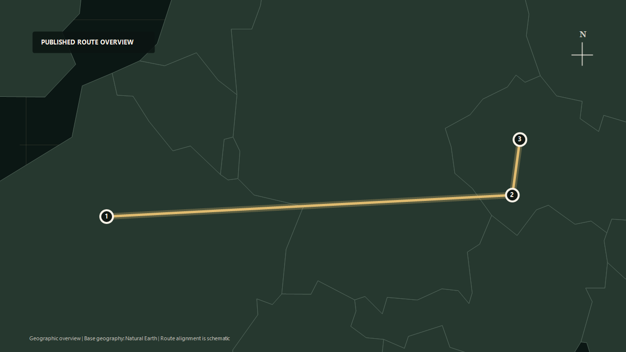 Geographic overview of the published Paris to Prague route: Paris to Central Europe to Prague
