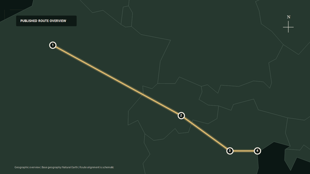 Geographic overview of the published Paris to Venice route: Paris to The Alps to Verona to Venice
