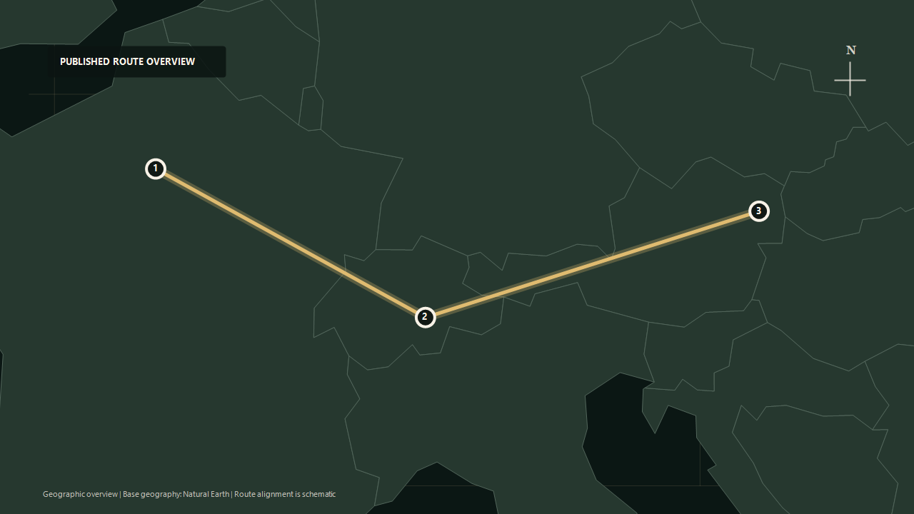 Geographic overview of the published Paris to Vienna route: Paris to The Alps to Vienna