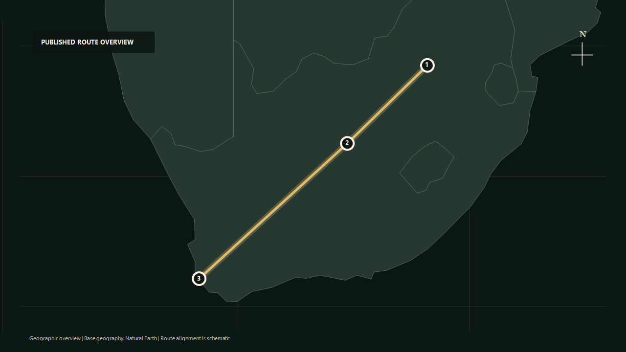 Geographic overview of the published Pretoria to Cape Town route: Pretoria to Kimberley to Cape Town