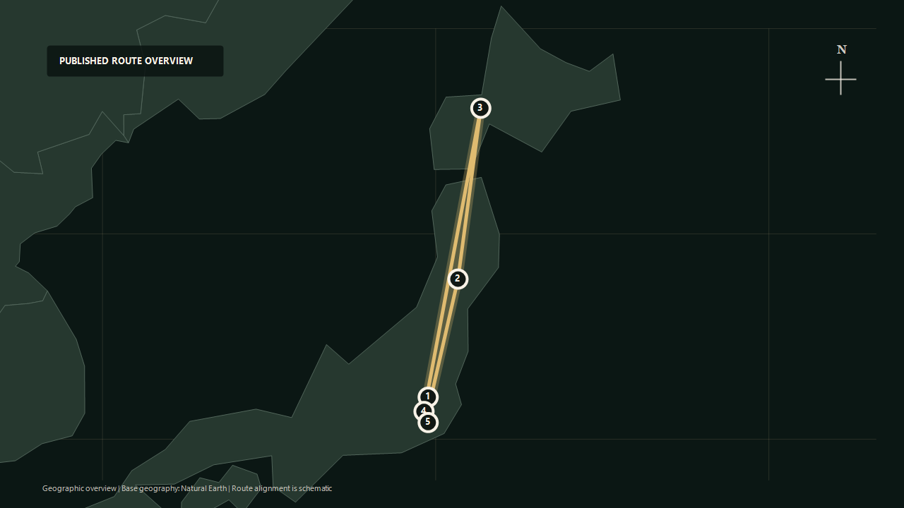 Geographic overview of the published Seasons of Eastern Japan: Four-Day Journey route: Ueno to Tohoku to Hokkaido gateway to Eastern Japan to Ueno