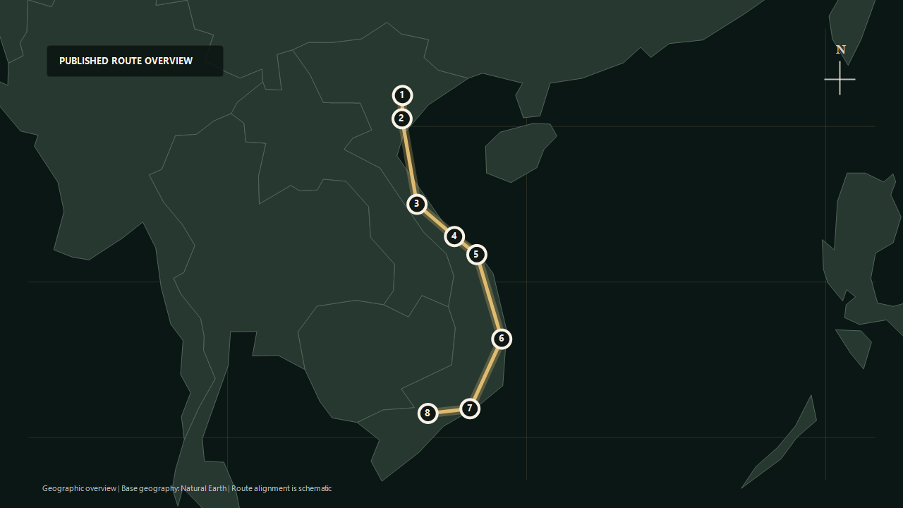 Geographic overview of the published Southbound Legacy route: Hanoi to Ninh Binh to Quang Binh to Hue to Hoi An to Phu Yen to Phan Thiet to Ho Chi Minh City
