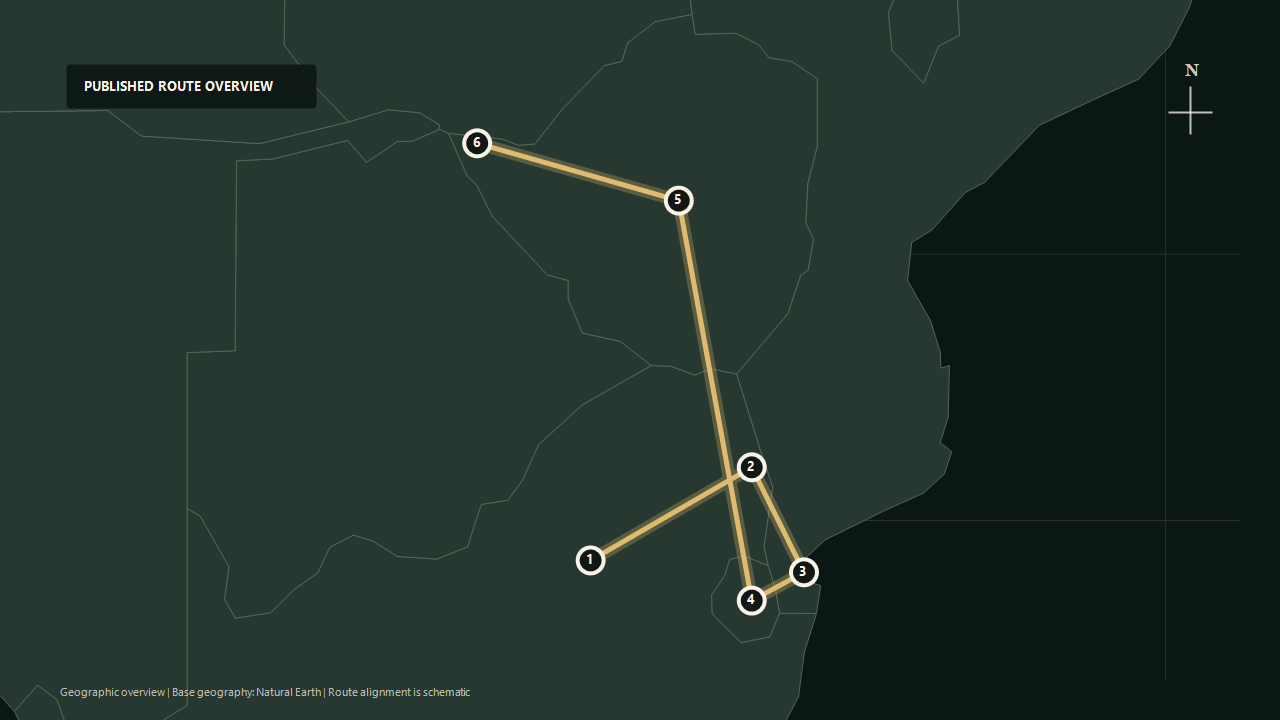 Geographic overview of the published Southern Cross route: Pretoria to Kruger region to Maputo to Eswatini to Zimbabwe to Victoria Falls