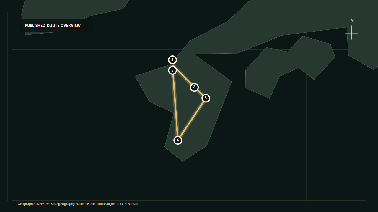Geographic overview of the published Takachiho Journey route: Hakata to Northern Kyushu to Takachiho to Southern Kyushu to Hakata