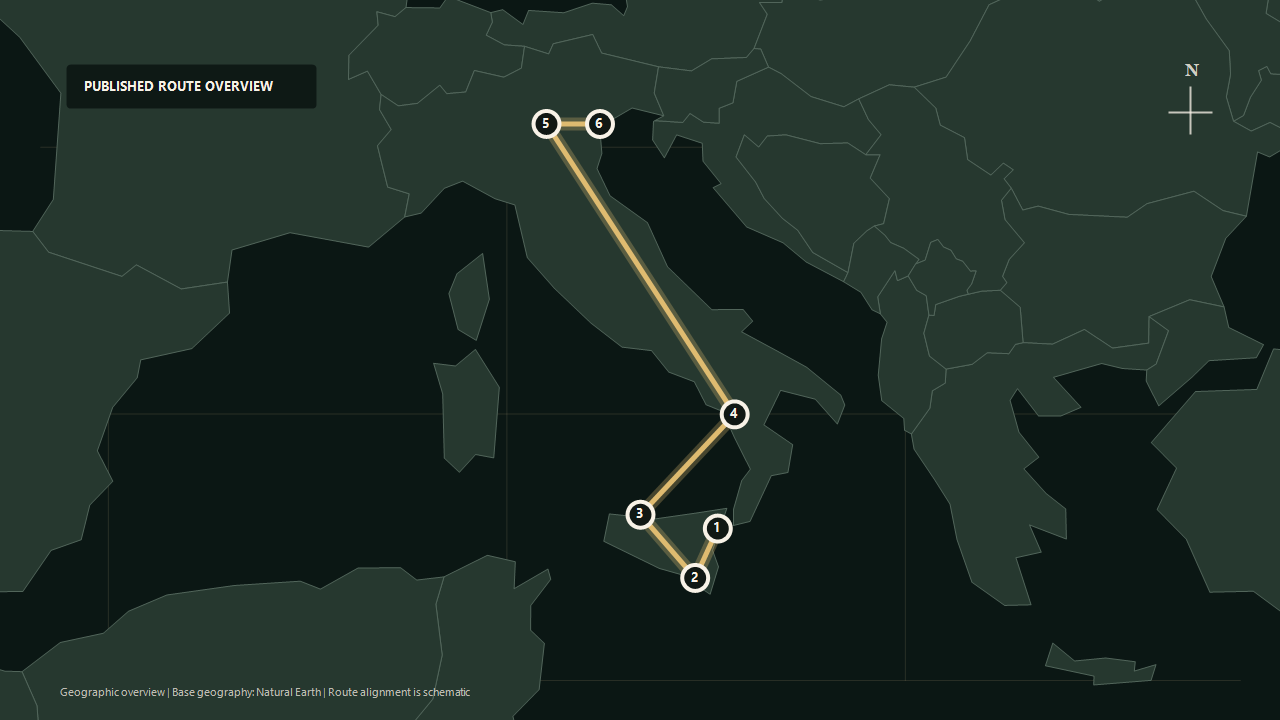 Geographic overview of the published A Taste of Italy route: Taormina to Ragusa to Palermo to Maratea to Verona to Venice