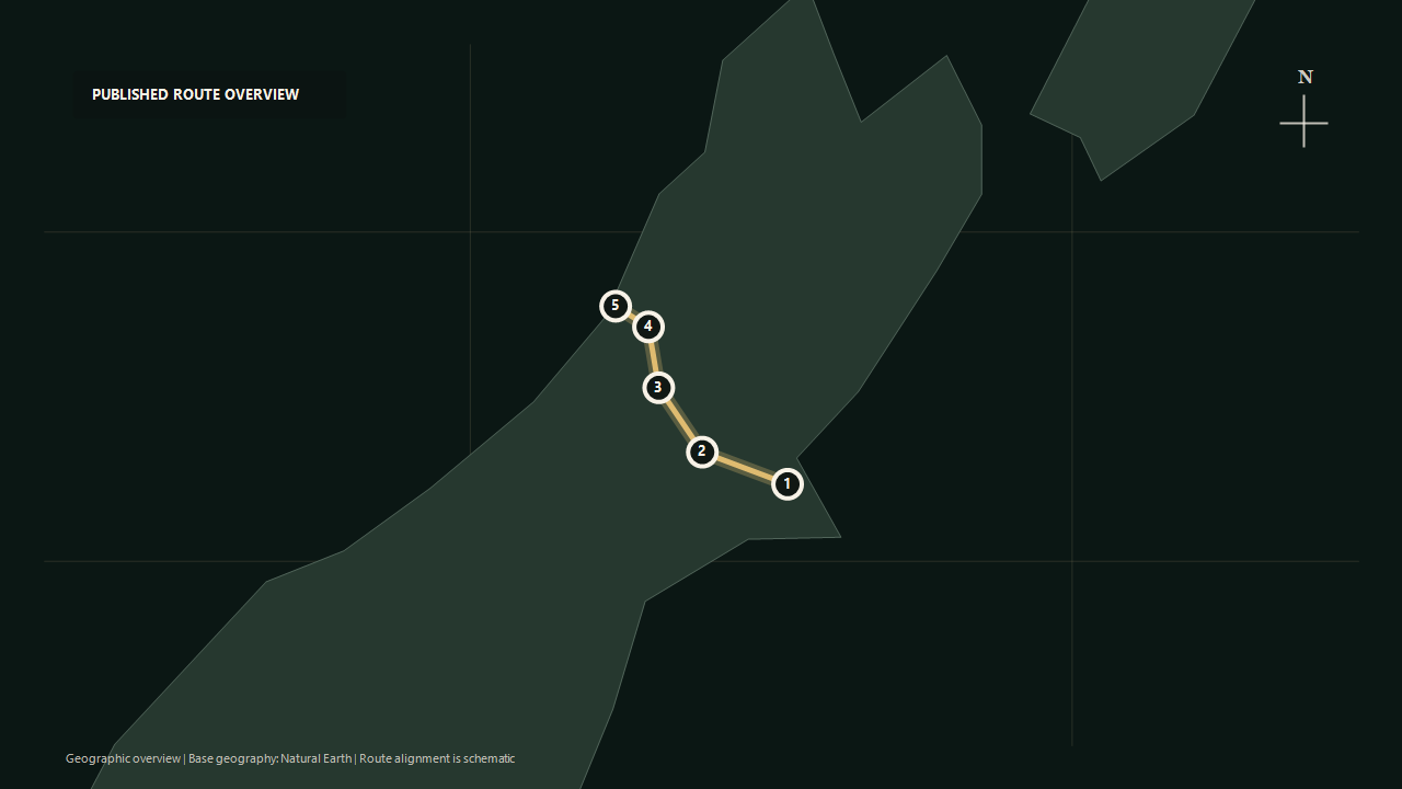 Geographic overview of the published TranzAlpine: Christchurch to Greymouth route: Christchurch to Springfield to Arthur's Pass to Moana to Greymouth