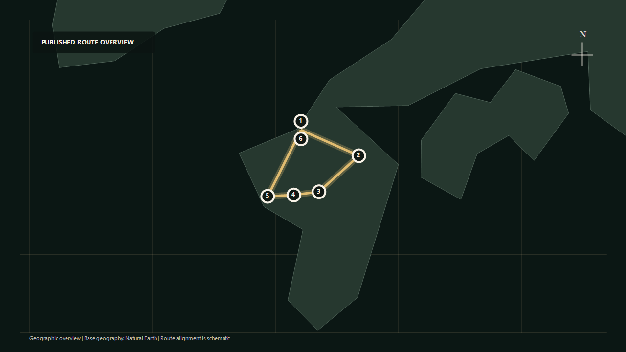 Geographic overview of the published Unzen Journey route: Hakata to Yufuin to Kumamoto to Unzen to Nagasaki to Hakata