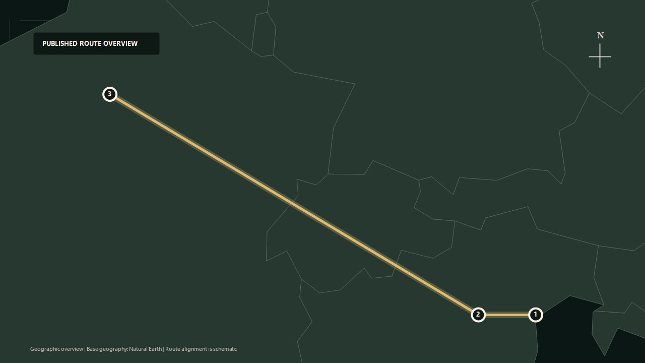 Geographic overview of the published Venice to Paris route: Venice to Verona to Paris