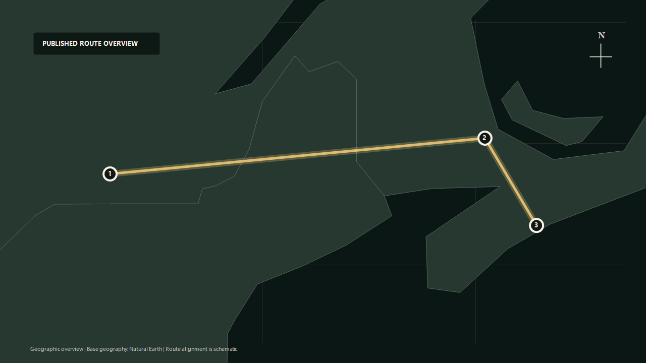 Schematic geographic route overview for VIA Rail Ocean: Montréal to Moncton to Halifax