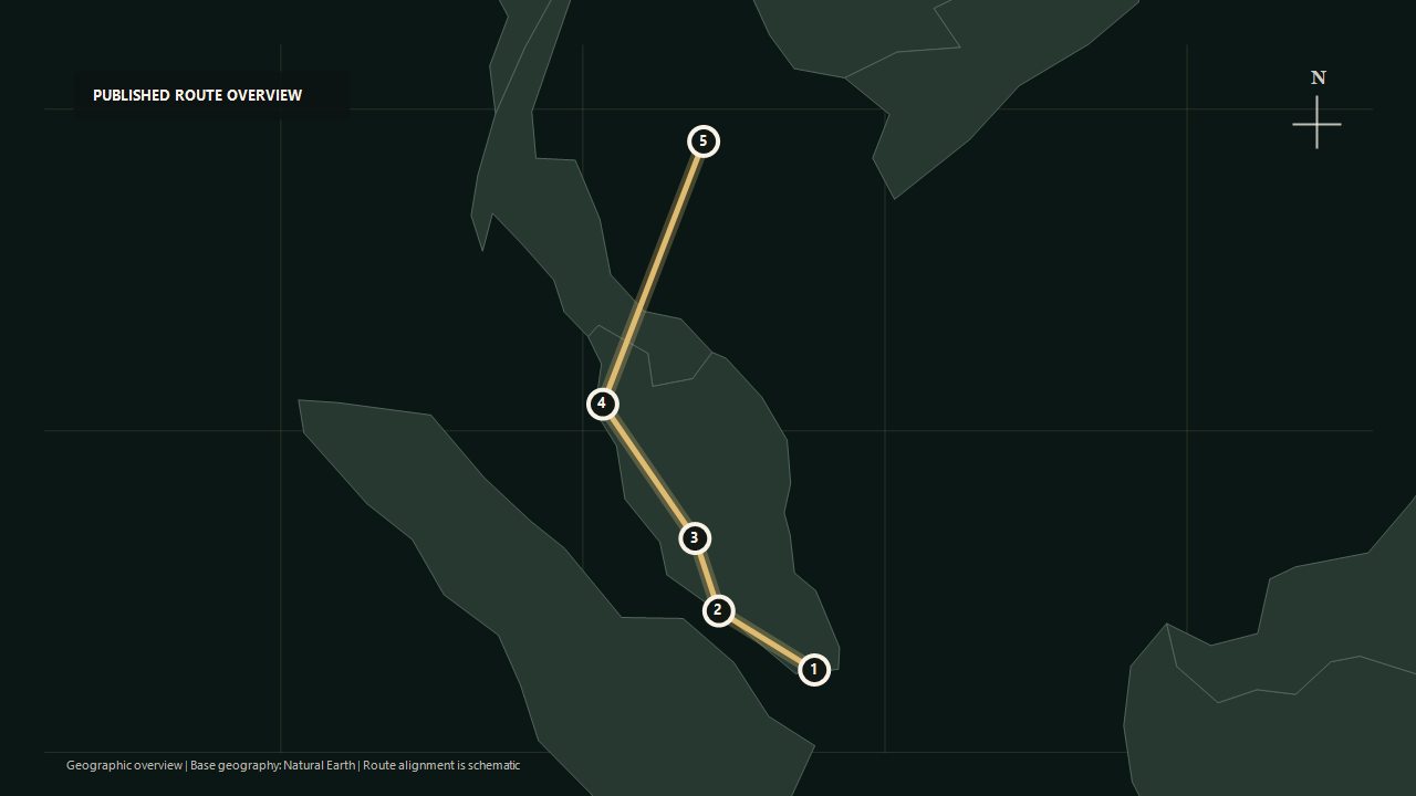 Geographic overview of the published Voyage of Southeast Asia route: Singapore to Malacca to Janda Baik to Penang to Gulf of Thailand