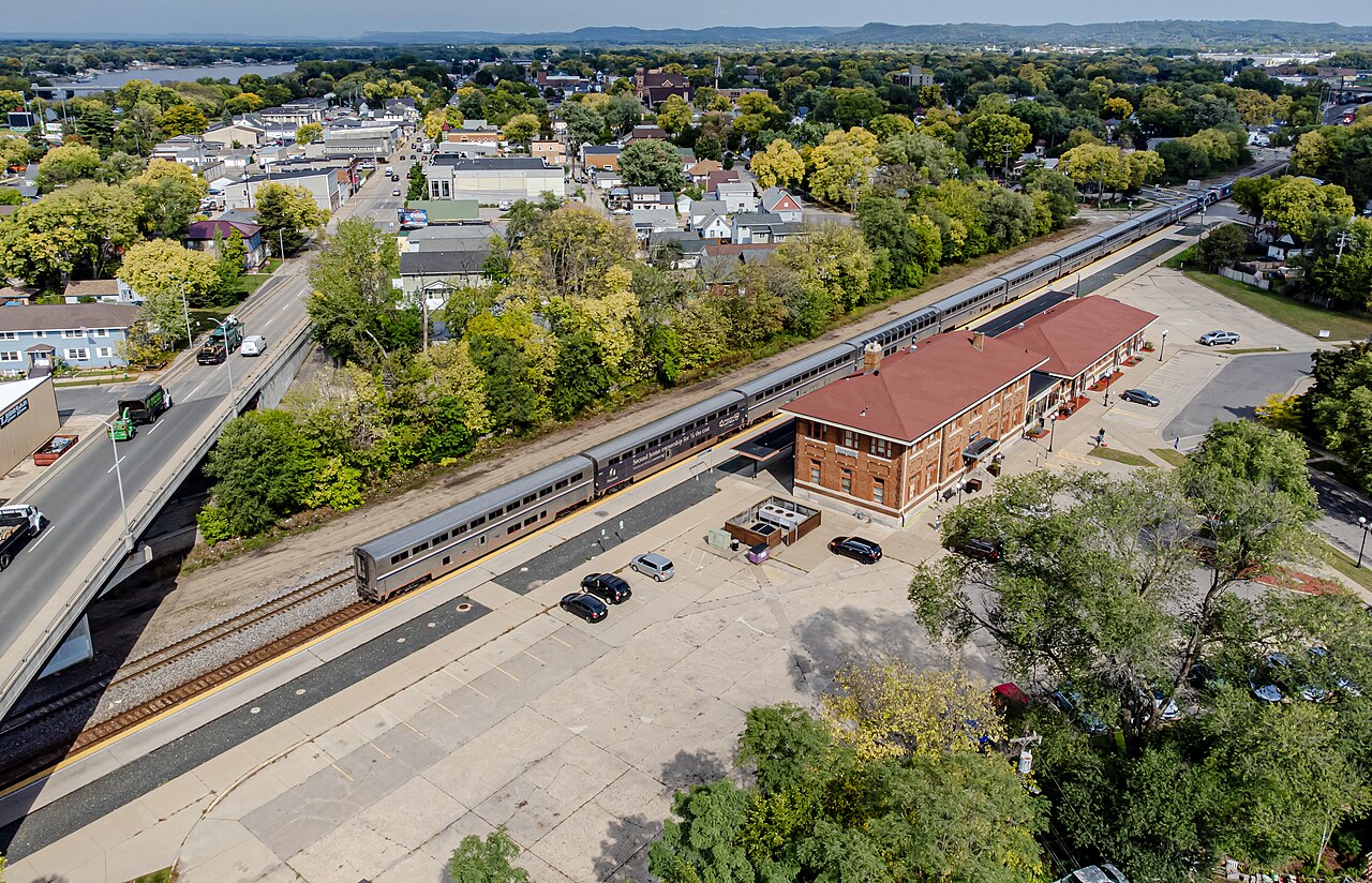 Aerial view of Amtrak Empire Builder at La Crosse station