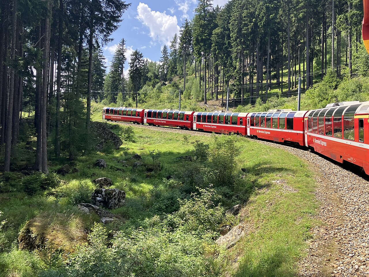 Red Bernina Express panoramic cars curving through an Alpine forest