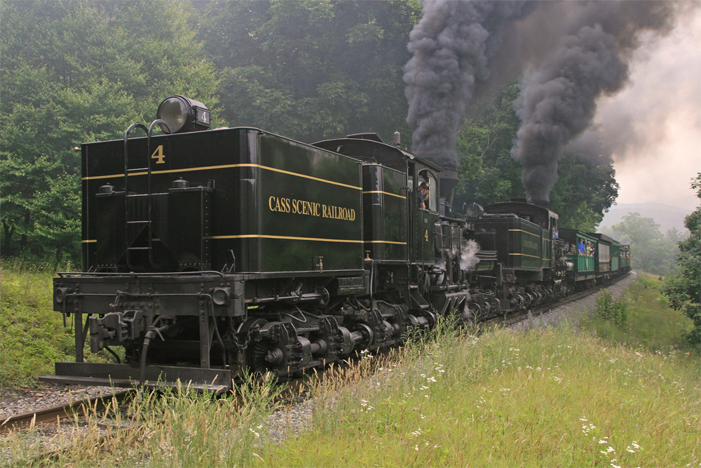 Historic Shay locomotives hauling Cass Scenic Railroad carriages through woodland