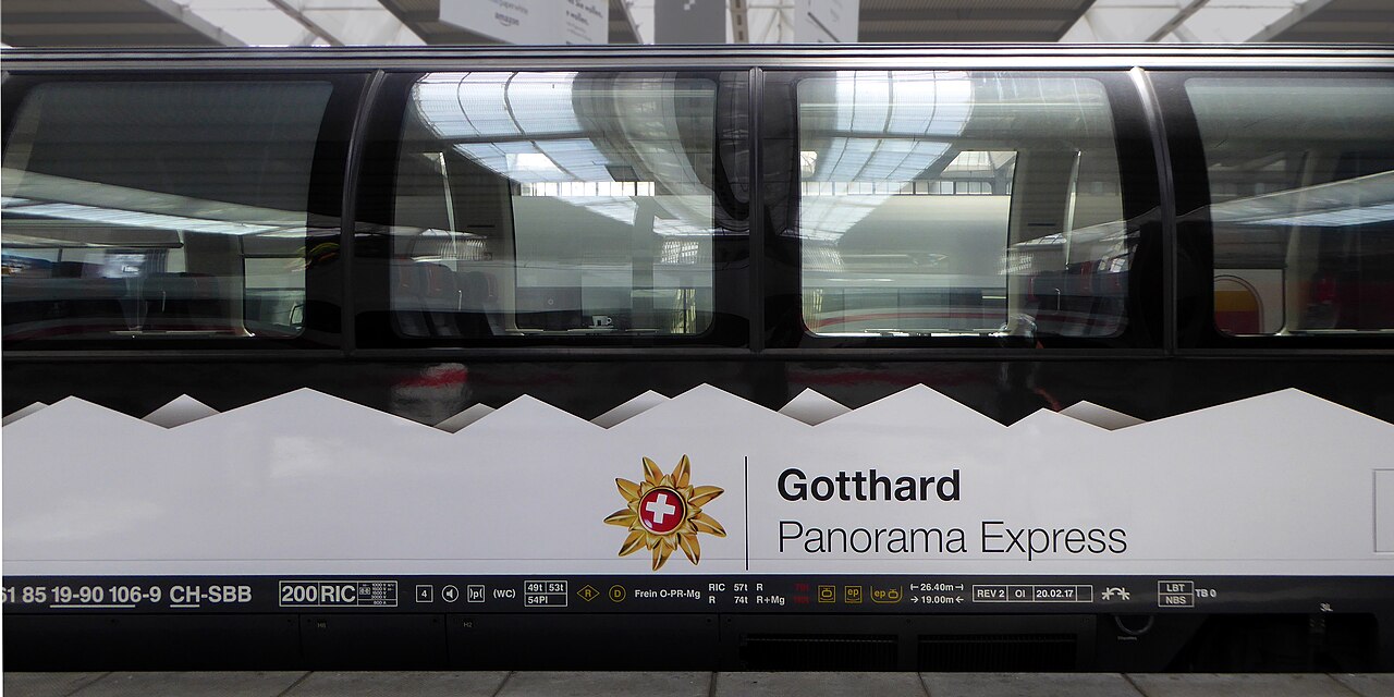 Side of a Gotthard Panorama Express panoramic carriage with large windows