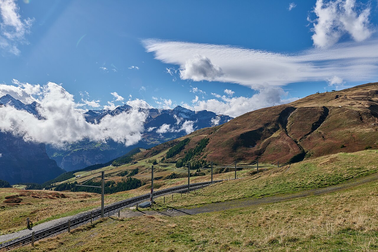 Jungfrau Railway tracks across a grassy Alpine slope beneath snow-covered peaks