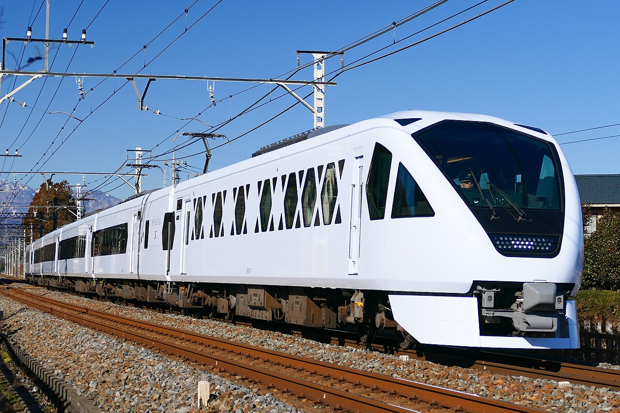 White Tobu SPACIA X train with distinctive angular panoramic windows