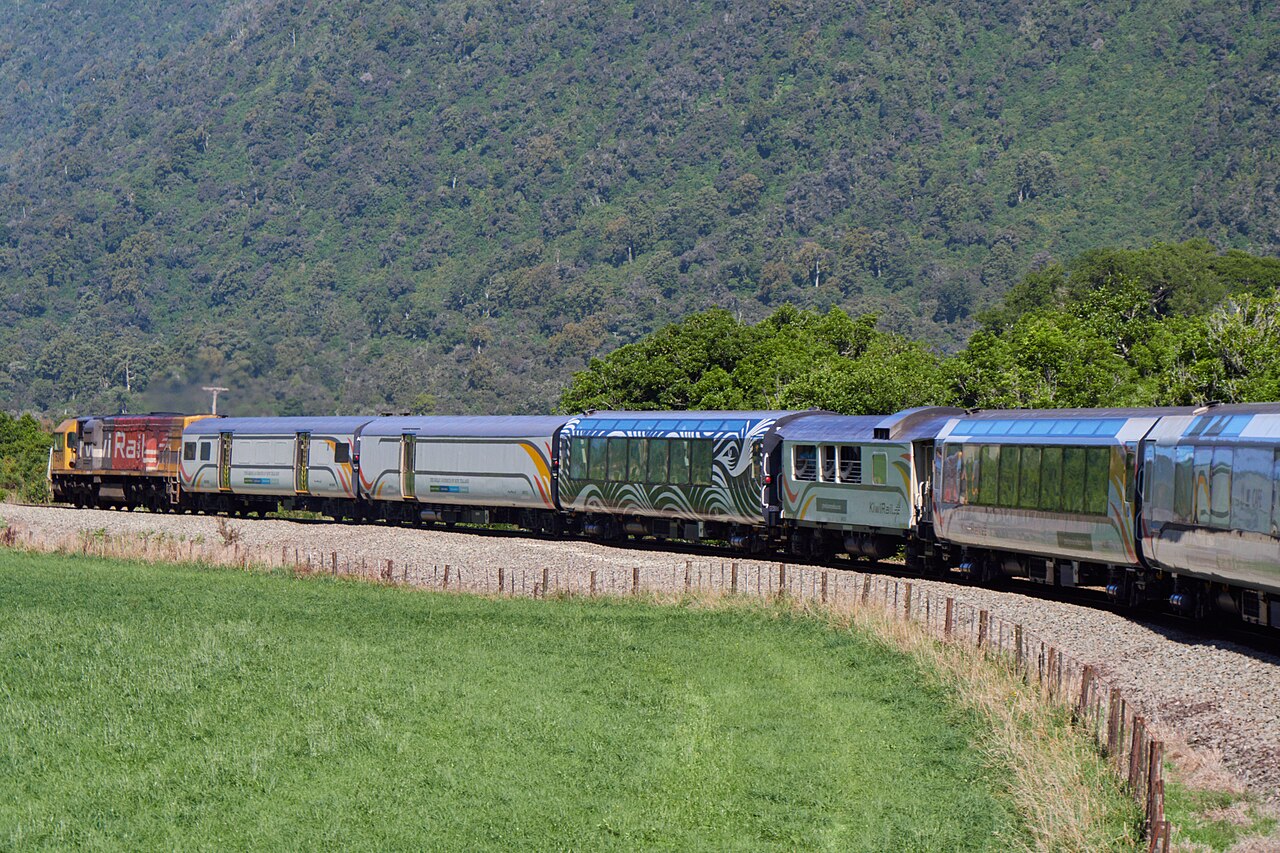 TranzAlpine panoramic passenger carriages curving through green New Zealand countryside